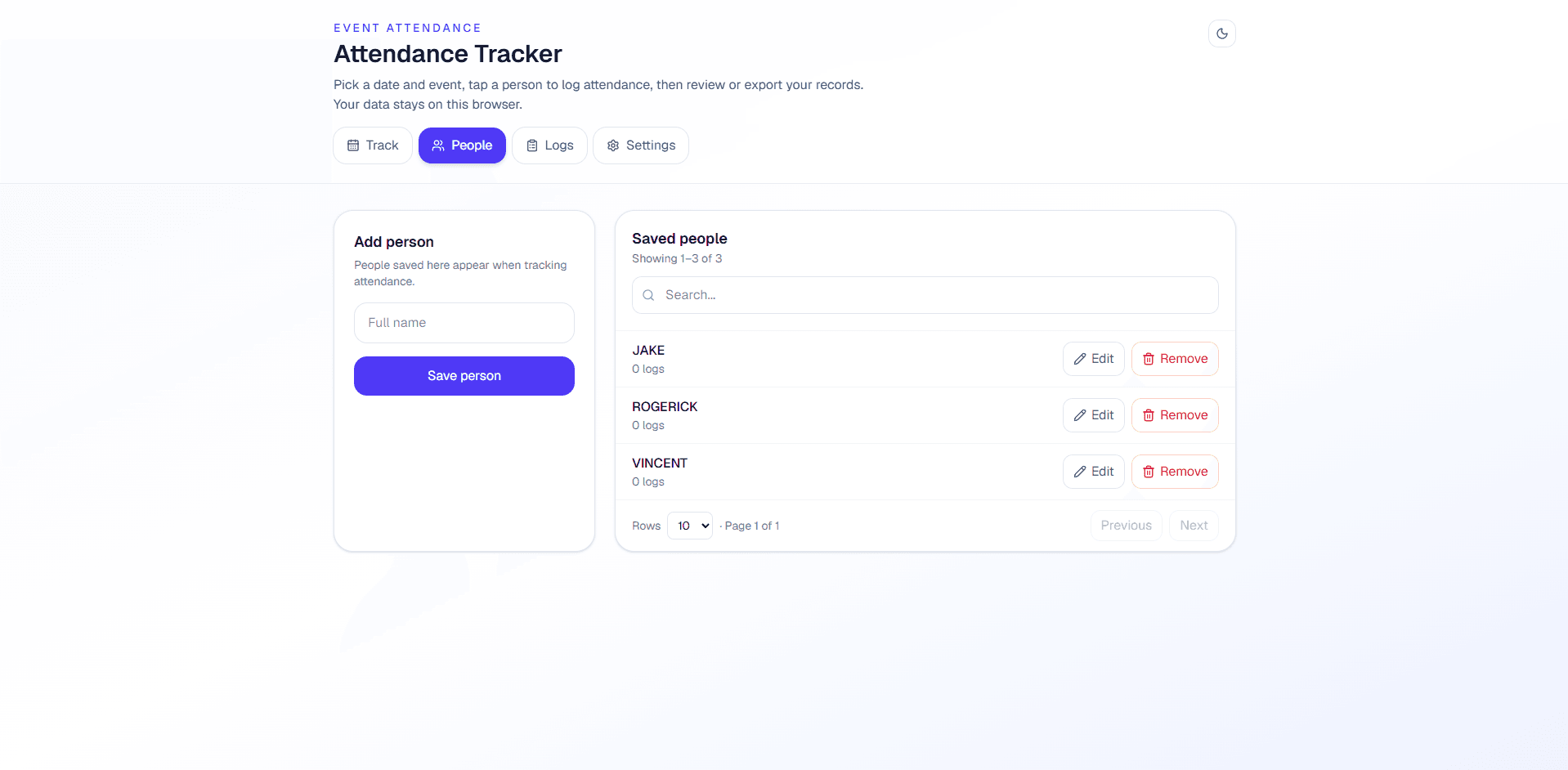 Attendance logging screen in Event Attendance Tracker